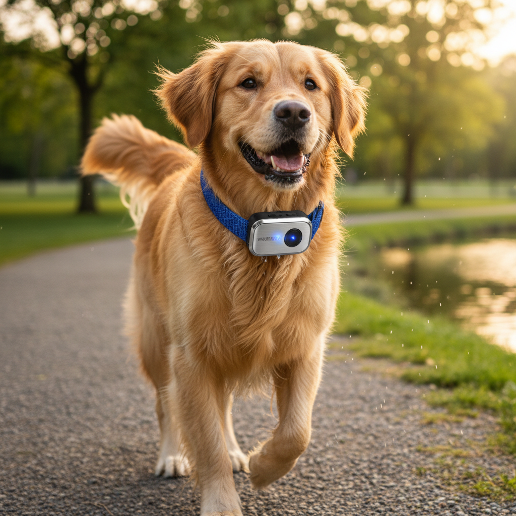 Waterproof GPS pet tracker on a golden retriever collar outdoors